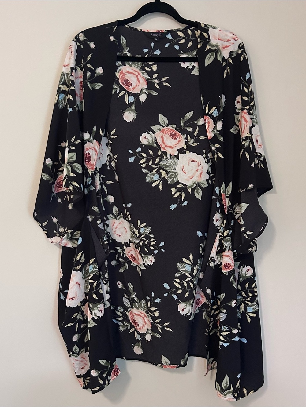 Amaryllis Women’s 1X Black Flower Garden Kimono Cardigan Shrug Lightweight Boho
